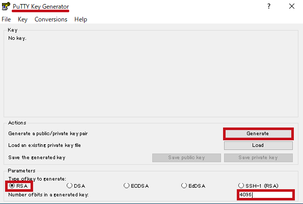 PuTTY Key Generatorの鍵生成画面(RSA 4096ビット)