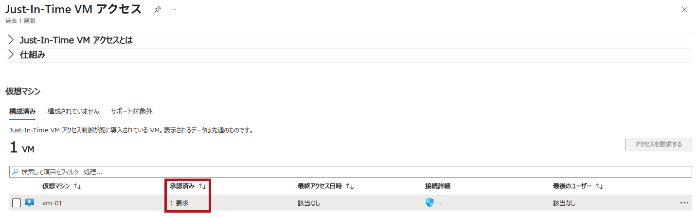 アクセスの要求後のJust-In-Time VMアクセス画面(Microsoft Defender for CloudのJust-In-Time機能の利用手順)