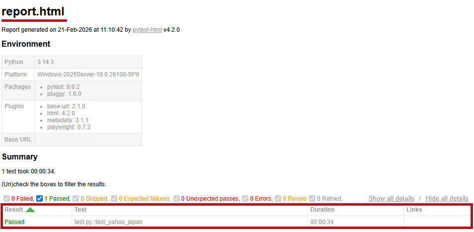 pytest-playwrightの実行結果をpytest-htmlでレポート出力した場合の例(Playwright for Pythonを使ってブラウザテストを行うための手順)
