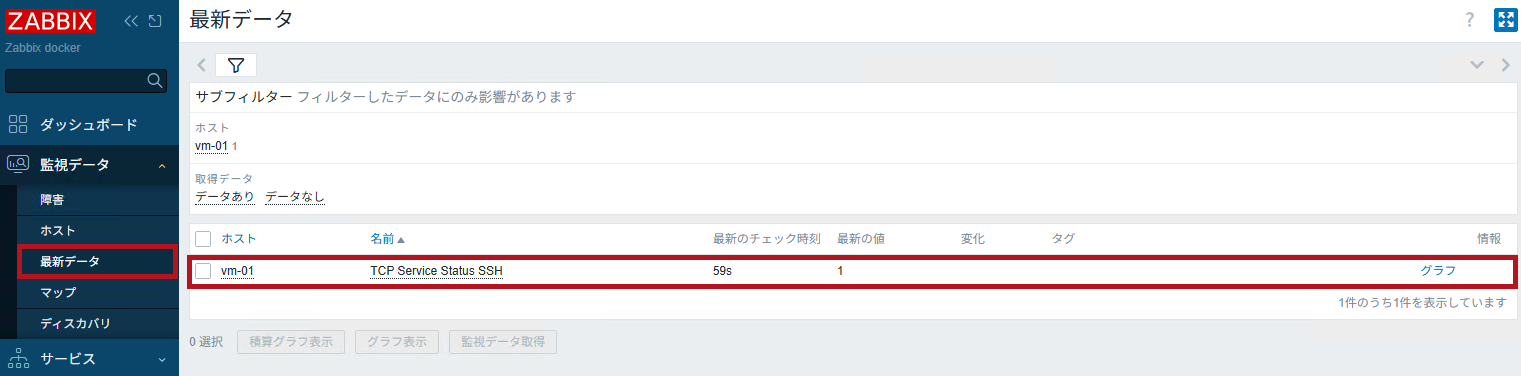 最新データで取得された値を確認(Zabbixのポート監視設定手順)