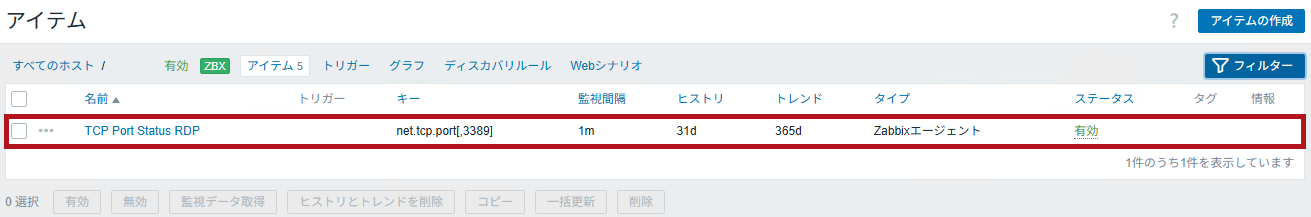 追加されたアイテムを表示(Zabbixのポート監視設定手順)