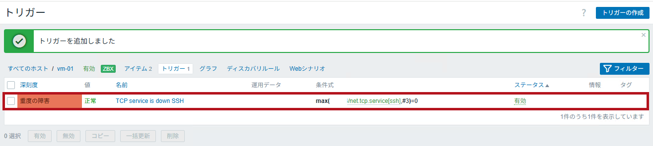 追加したトリガーを表示(Zabbixのポート監視設定手順)