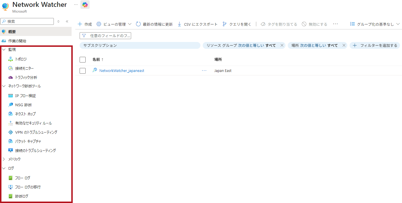 Network Watcherで表示される機能一覧(Azure Network Watcherや接続モニターの概要)