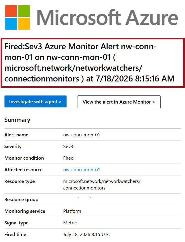 受信したアラートメールの例(Azure Network Watcherの接続モニターを使った監視設定例)
