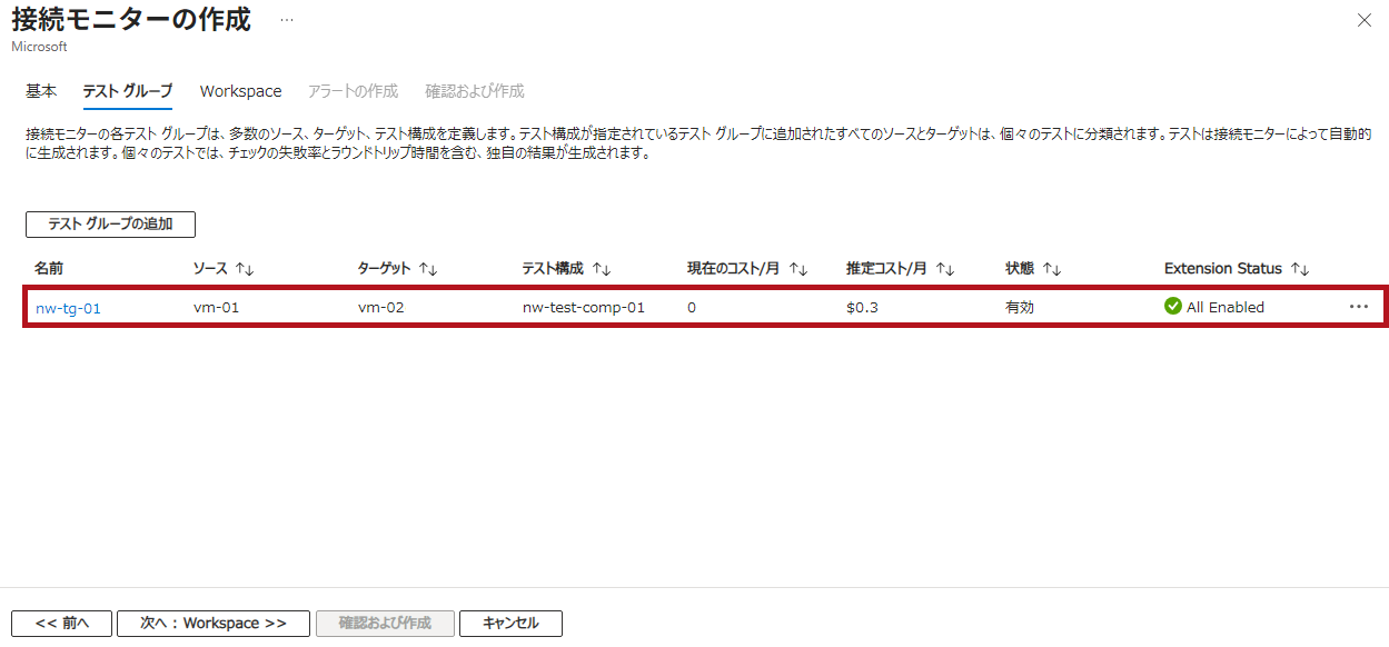 テストグループ追加後のテストグループタブ(Azure Network Watcherの接続モニター設定手順)