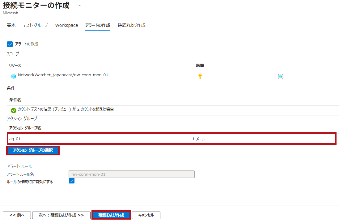 アクショングループ選択後のアラート作成画面例(Azure Network Watcherの接続モニター設定手順)