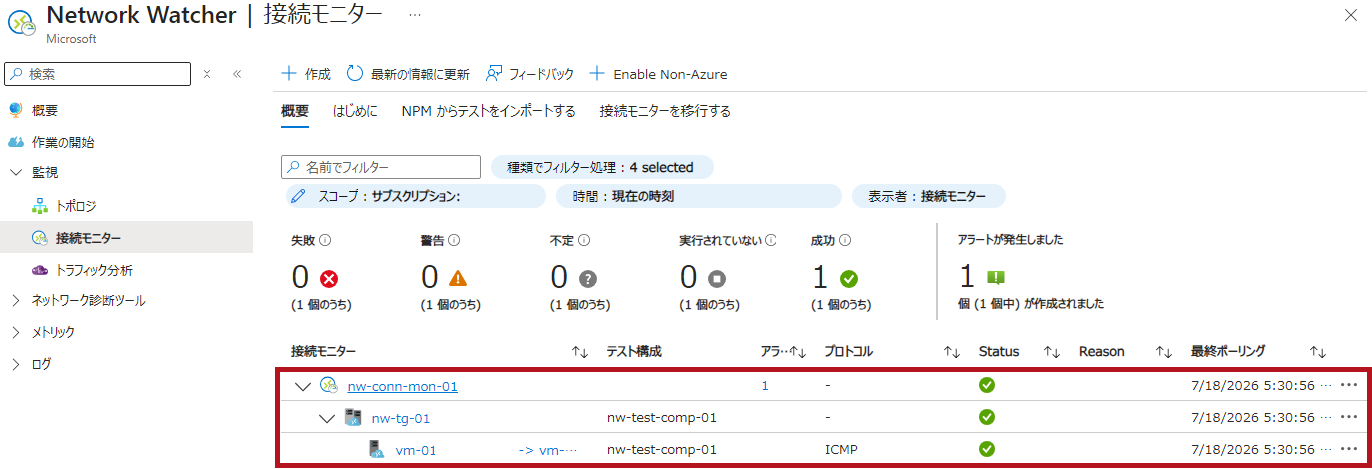 NW疎通復旧後のステータス表示例(Azure Network Watcherの接続モニターを使った監視設定例)