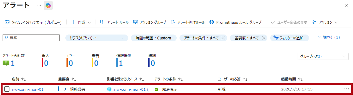 NW疎通復旧後のアラート例(Azure Network Watcherの接続モニターを使った監視設定例)