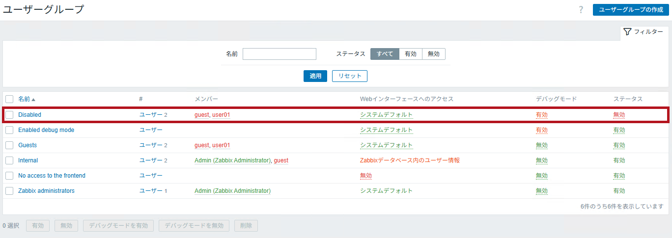 Disabledユーザーグループに追加されたメンバーを確認(Zabbixユーザーの無効化設定手順)