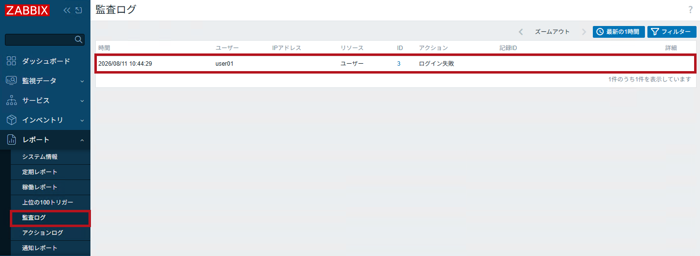 無効化されたユーザーがログインしようとした場合の監査ログ(Zabbixユーザーの無効化設定手順)