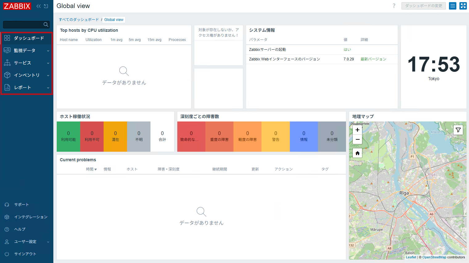 表示されるメニュー項目(Guest roleやUser roleの場合)(Zabbixユーザーの追加と権限付与方法)