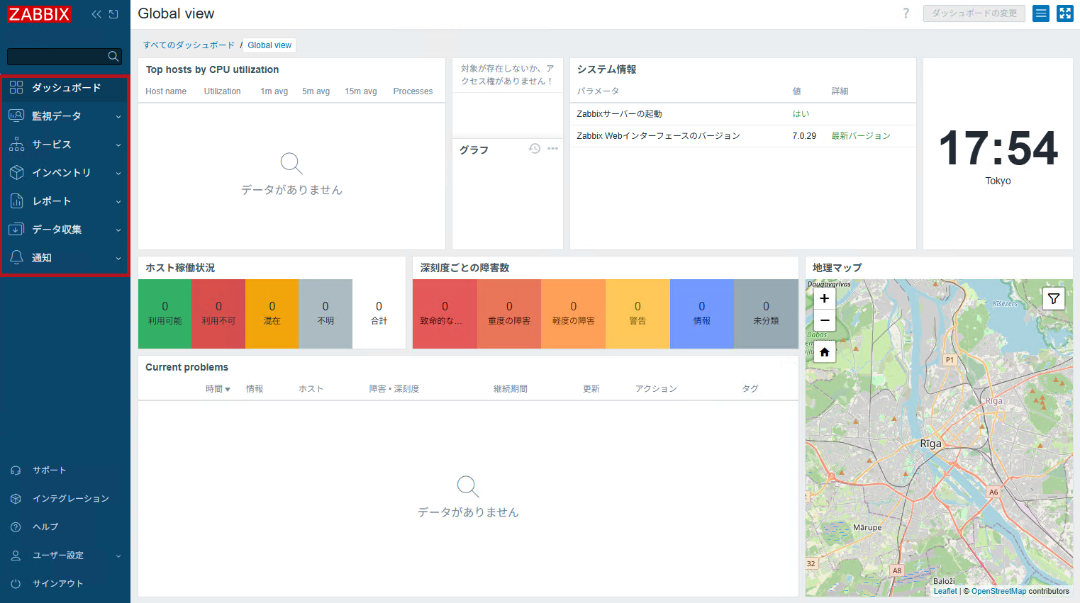 表示されるメニュー項目(Admin roleの場合)(Zabbixユーザーの追加と権限付与方法)