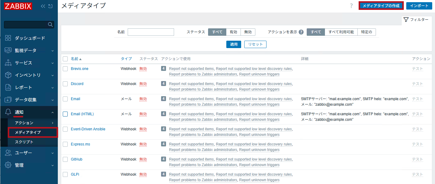 メディアタイプの作成(Zabbixのメディアタイプ設定手順(SendGridの場合))