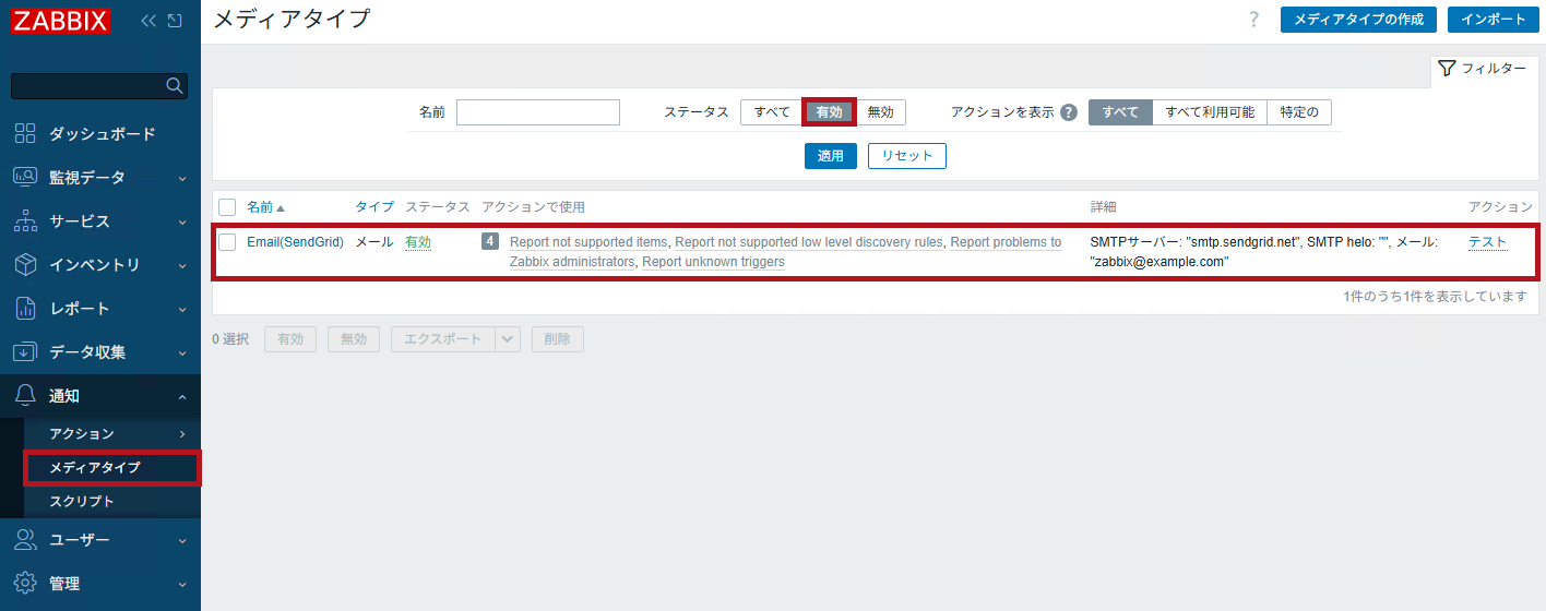 追加したメディアタイプを表示(Zabbixのメディアタイプ設定手順(SendGridの場合))